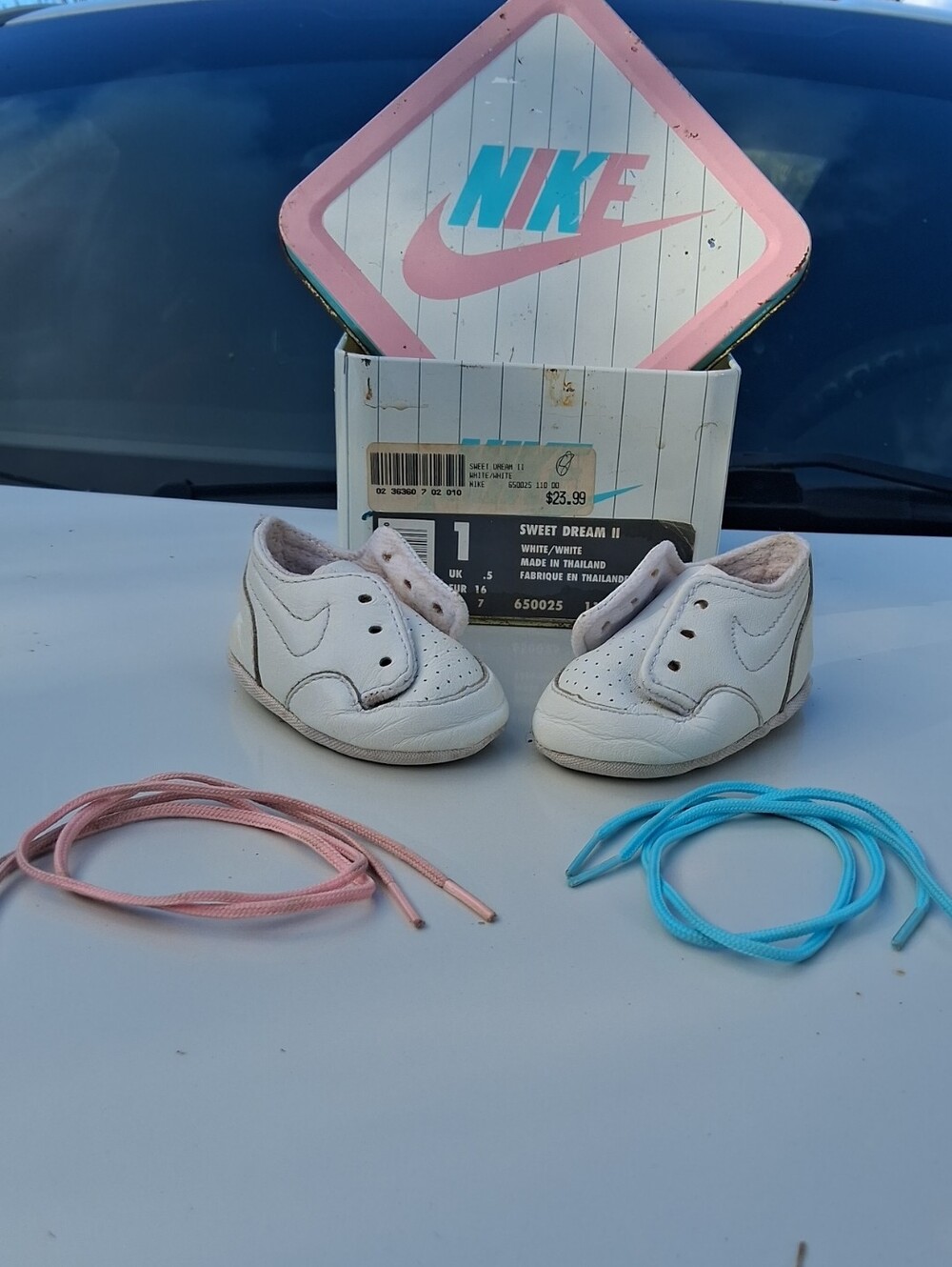 Vintage 1994 Nike White Baby Crib Shoes with Pink/Blue Laces W/Original Nike Can
